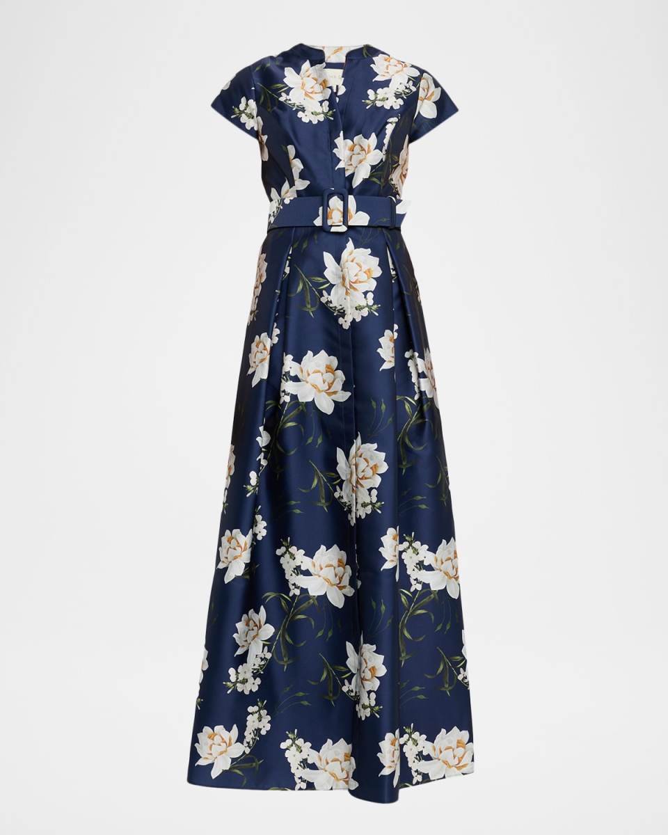 Marta Pleated Floral-Print Mikado Gown